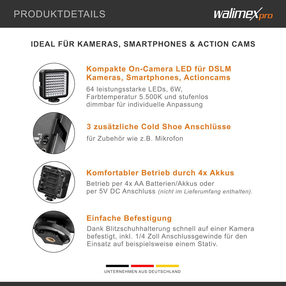 Walimex Pro LED64 LED-Videoleuchte (Dimmbar) für Aktion Kamera, Camcorder und DSLR Kamera 64 LEDs, 6