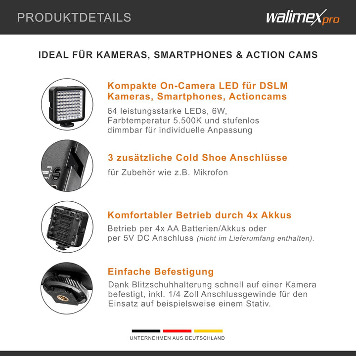 Walimex Pro LED64 LED-Videoleuchte (Dimmbar) für Aktion Kamera, Camcorder und DSLR Kamera 64 LEDs, 6