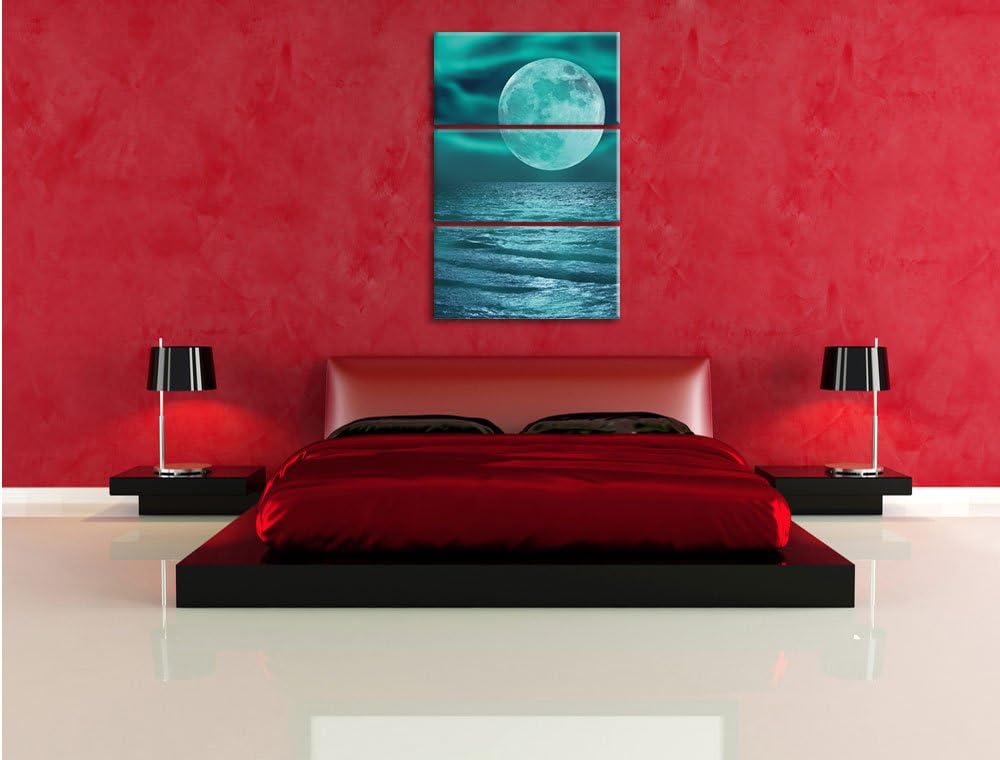 Pixxprint ruhiges Meer mit Vollmond 3-Teiler Leinwandbild 120x80 Bild auf Leinwand