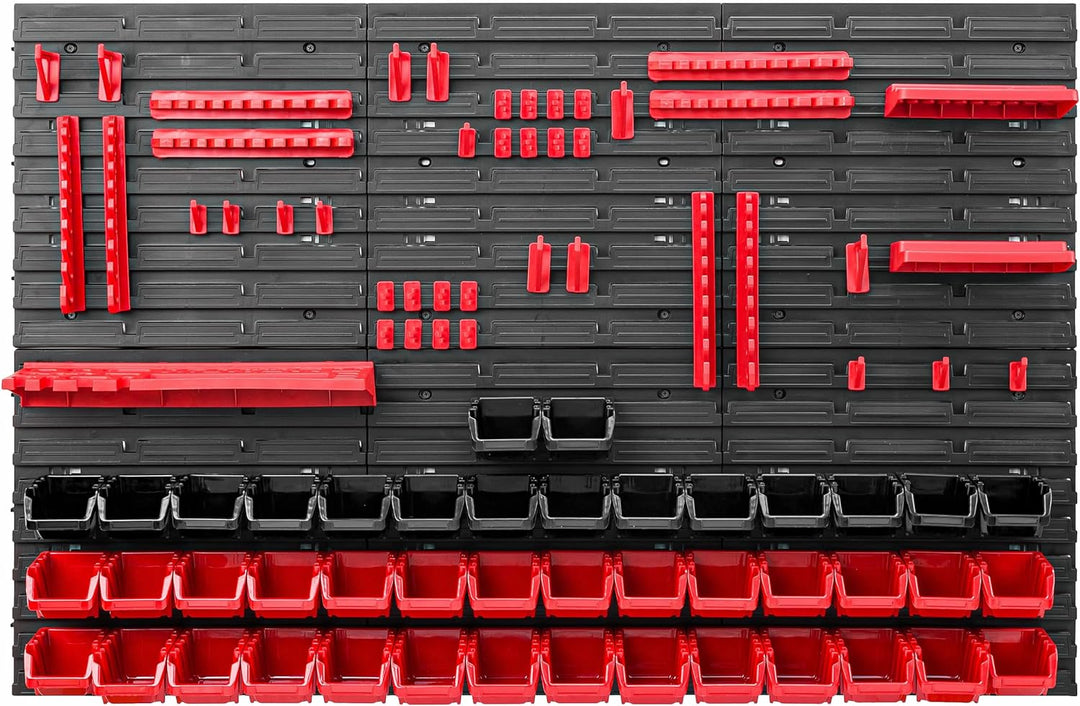Lagersystem Werkstattregal | 117 x 78 cm | 44 stck. Box | Wandregal mit Werkzeughalterungen und Stap