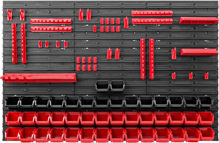 Lagersystem Werkstattregal | 117 x 78 cm | 44 stck. Box | Wandregal mit Werkzeughalterungen und Stap