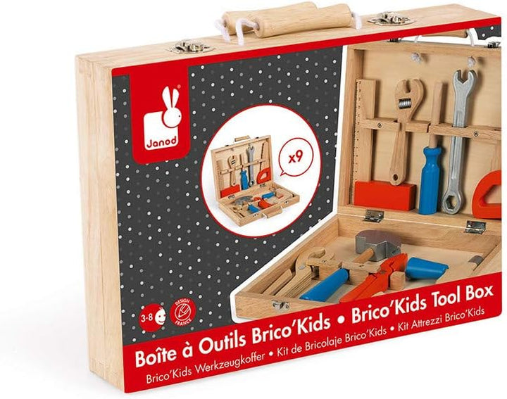 Janod - Brico'Kids Werkzeugkasten, Holz-Werkzeug für Kinder, Spielzeugnachbildung, mit 9 Teilen, ab