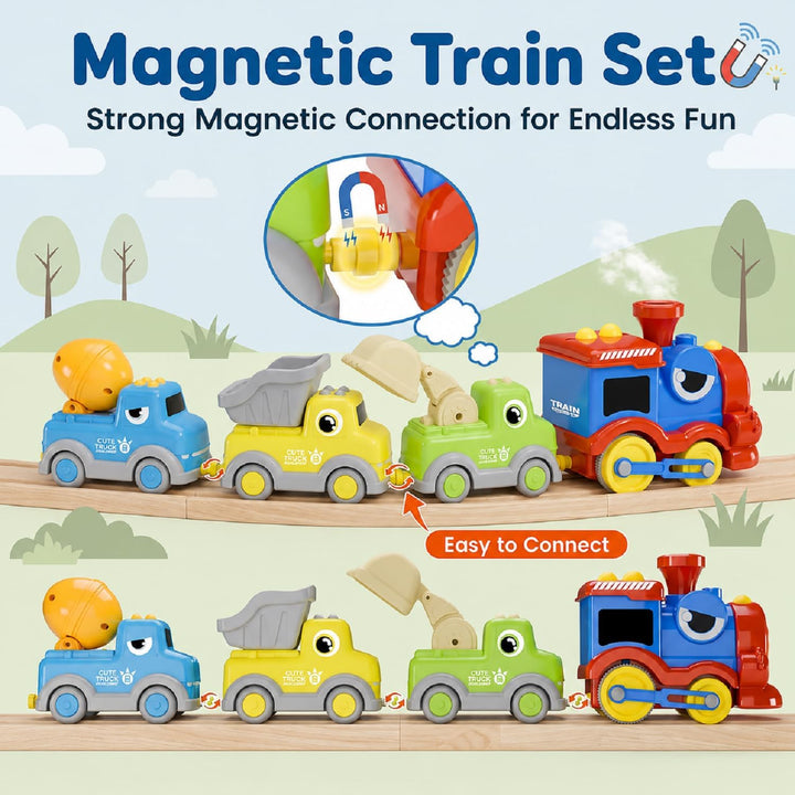 Magnetisches Eisenbahnspielzeug mit elektrischer Lok, Baufahrzeugen, Licht, Musik und kreativen DIY-