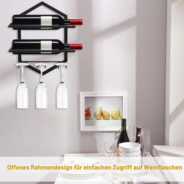 Metall Wandmontierter Weinhalter Rack, Weinglashalter Hängend Stehen Organizer für 2 Flaschen und 3