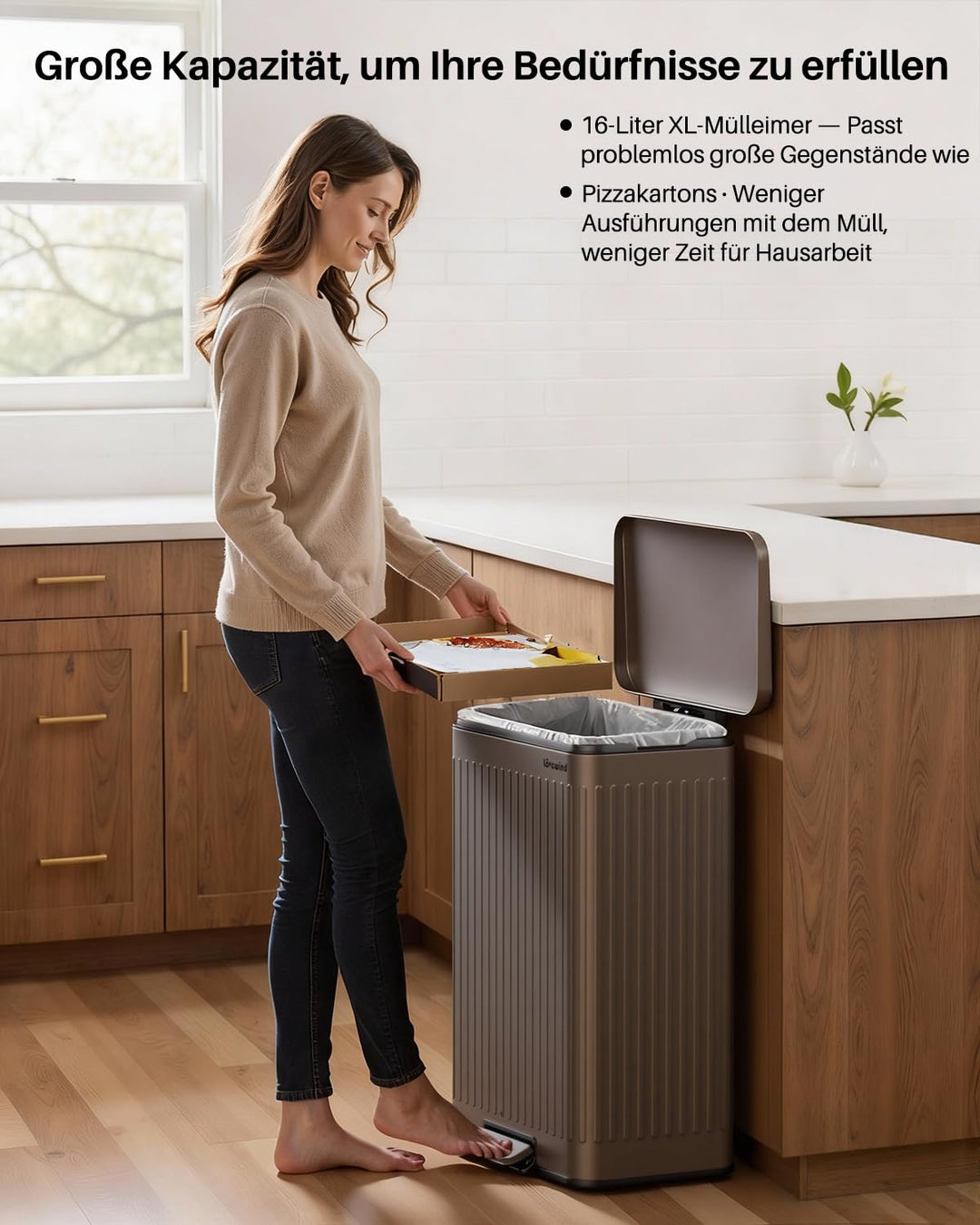lovewind 60L Mülleimer Küche Edelstahl Braun,Pedal-Behälter mit Soft-Close Deckel,2 herausnehmbare E