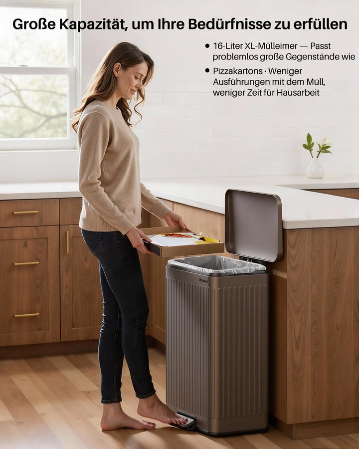 lovewind 60L Mülleimer Küche Edelstahl Braun,Pedal-Behälter mit Soft-Close Deckel,2 herausnehmbare E