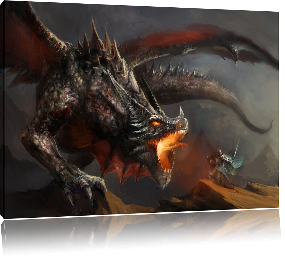 Pixxprint Kampf zwischen Mensch und Drache als Leinwandbild/Grösse: 100x70 cm/Wandbild/Kunstdruck/fe