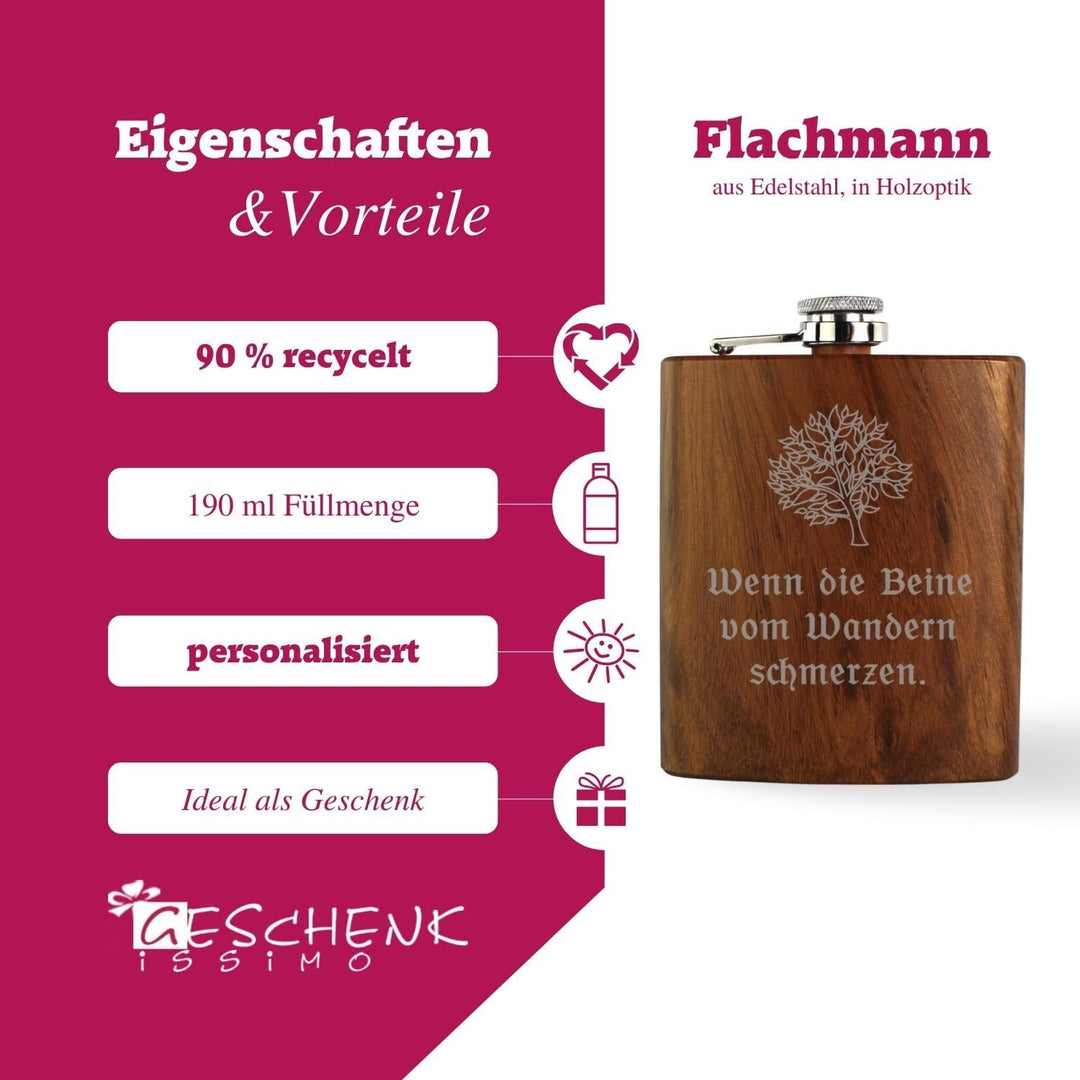 Flachmann mit Name, Spruch + Motiv, 90% Recycelter Edelstahl, nachhaltiges Schnapsgeschenk, Geschenk