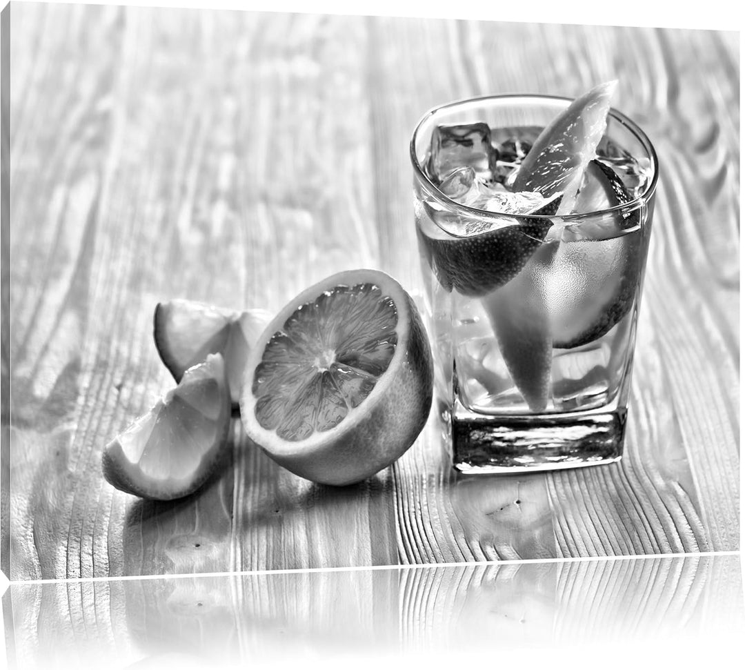 Pixxprint Monocrome, Gin Tonic Shot mit Zitronen, Format: 100x70 auf Leinwand, 100x70