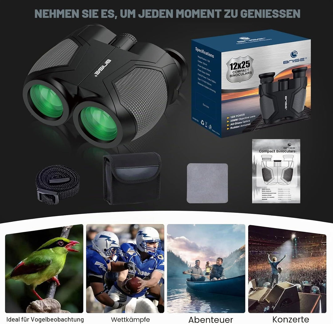 12x25 Kompaktes Fernglas für Erwachsene und Kinder, kleines Fernglas mit Low Light Vision für Vogelb