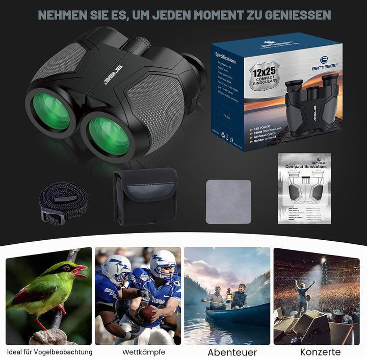 12x25 Kompaktes Fernglas für Erwachsene und Kinder, kleines Fernglas mit Low Light Vision für Vogelb