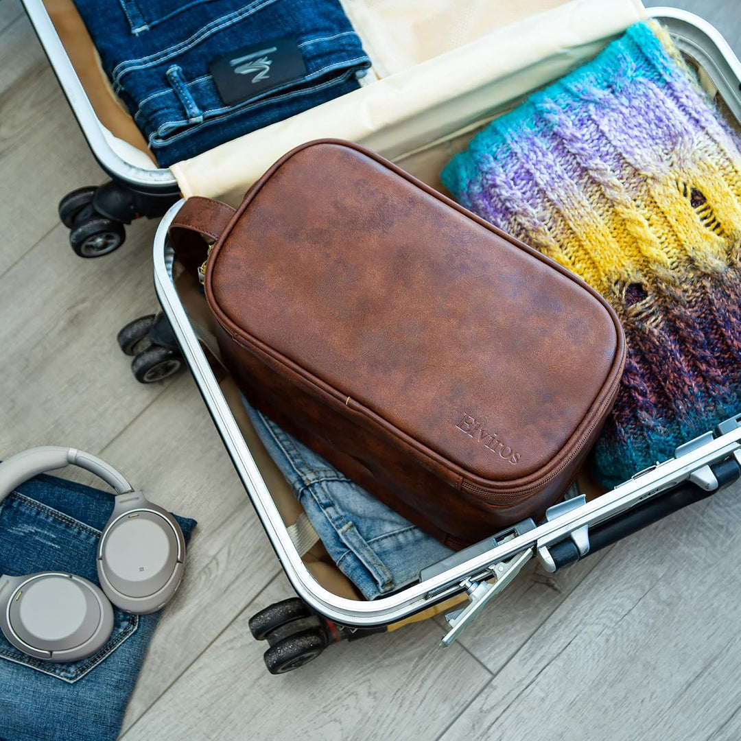Elviros Kulturbeutel PU-Leder für Herren grosse wasserdichte Reise-Kulturtasche Waschtasche im Bade
