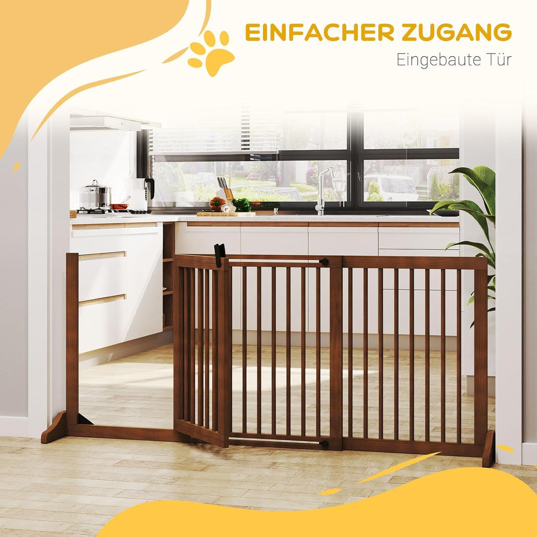 PawHut Absperrgitter Hund Freistehend Verstellbar 113-166 x 71 cm Braun | Schutzgitter mit Füssen, T