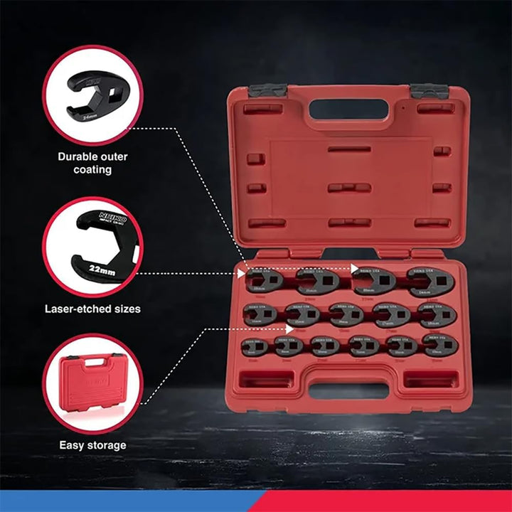 Neiko 03324A Hahenfussschlüssel-Set 1/2 Zoll und 3/8 Zoll Antrieb, 15-teilig, metrische Krähenfusssc
