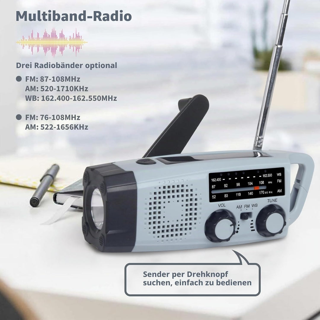 Notfall-Solarradio, Selbstbetriebenes Kurbelradio mit LED-Taschenlampe, SOS-Alarm,AM/FM Wetter Wind