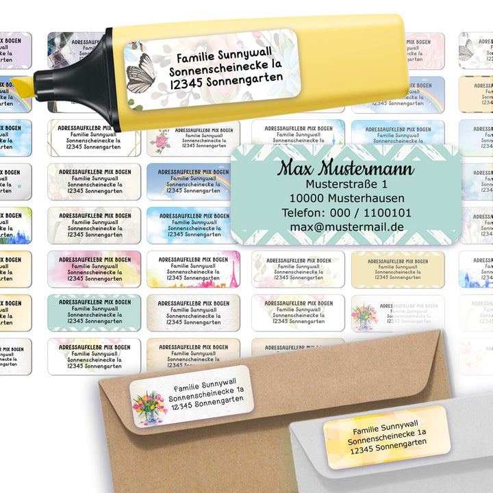 Sunnywall® Adressetiketten Adressaufkleber personalisiert - 110 Klebeetiketten Gemischte 53x21mm | A