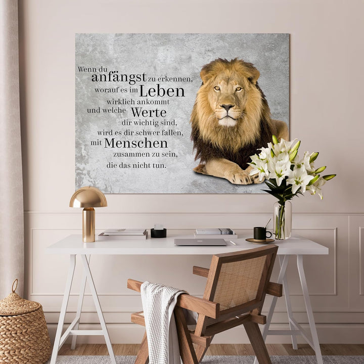 wandmotiv24 Motivations Motiv als Leinwandbild, 100x75cm, Querformat, welche Werte, Löwe, Beton, Gru