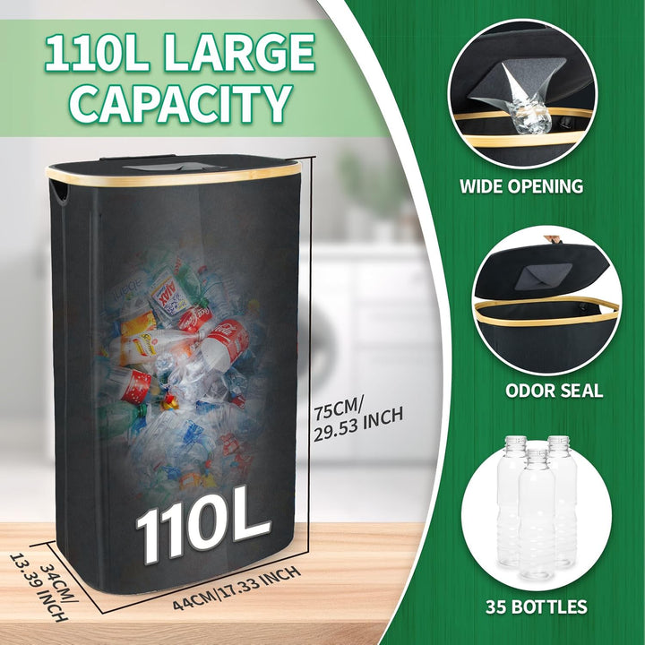 110L Pfandflaschen Sammelbehälter mit Deckel & 2 abnehmbaren Tragetaschen, Gross Pfandflaschen Aufbe
