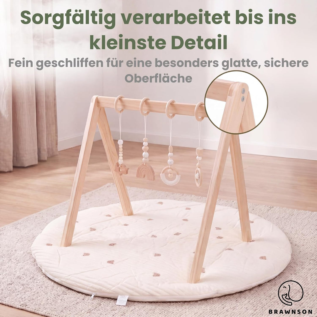 Baby Spielbogen aus Holz mit Spielmatte – 2 Bezüge inklusive – Montessori Baby Gym – Extra dicke 4 c