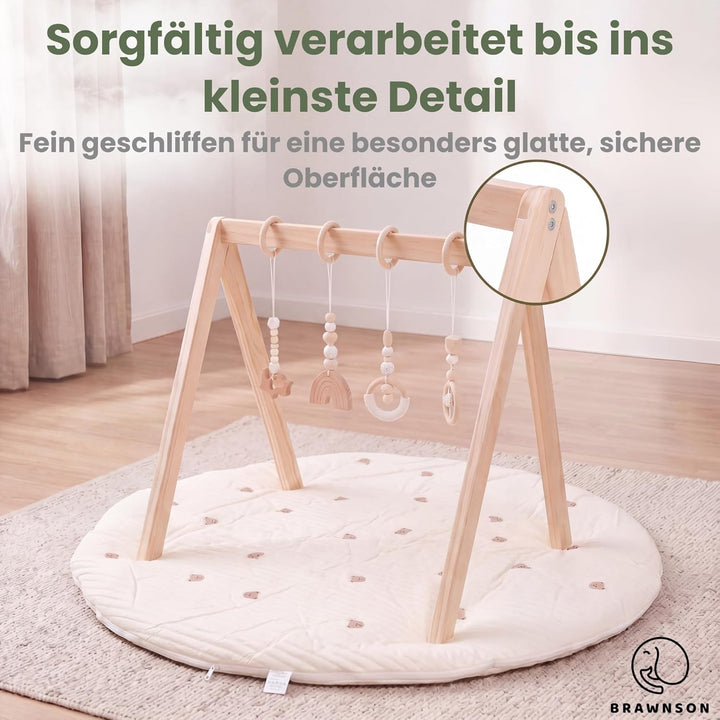Baby Spielbogen aus Holz mit Spielmatte – 2 Bezüge inklusive – Montessori Baby Gym – Extra dicke 4 c