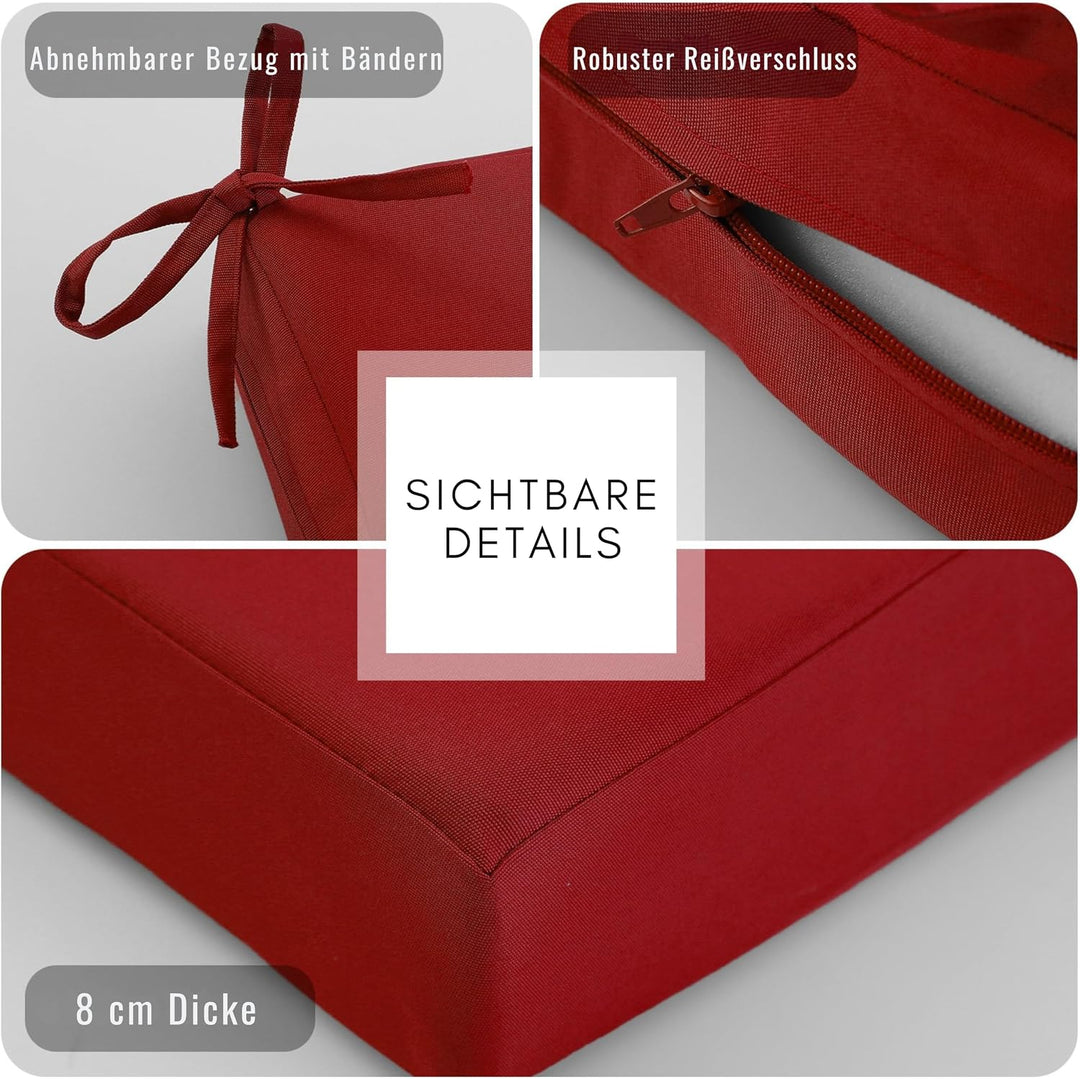 Outdoor Stuhlkissen 40x40, 2er Set mit Bändern, Rot Rot 40 x 40 x 7 cm, Rot 40 x 40 x 7 cm