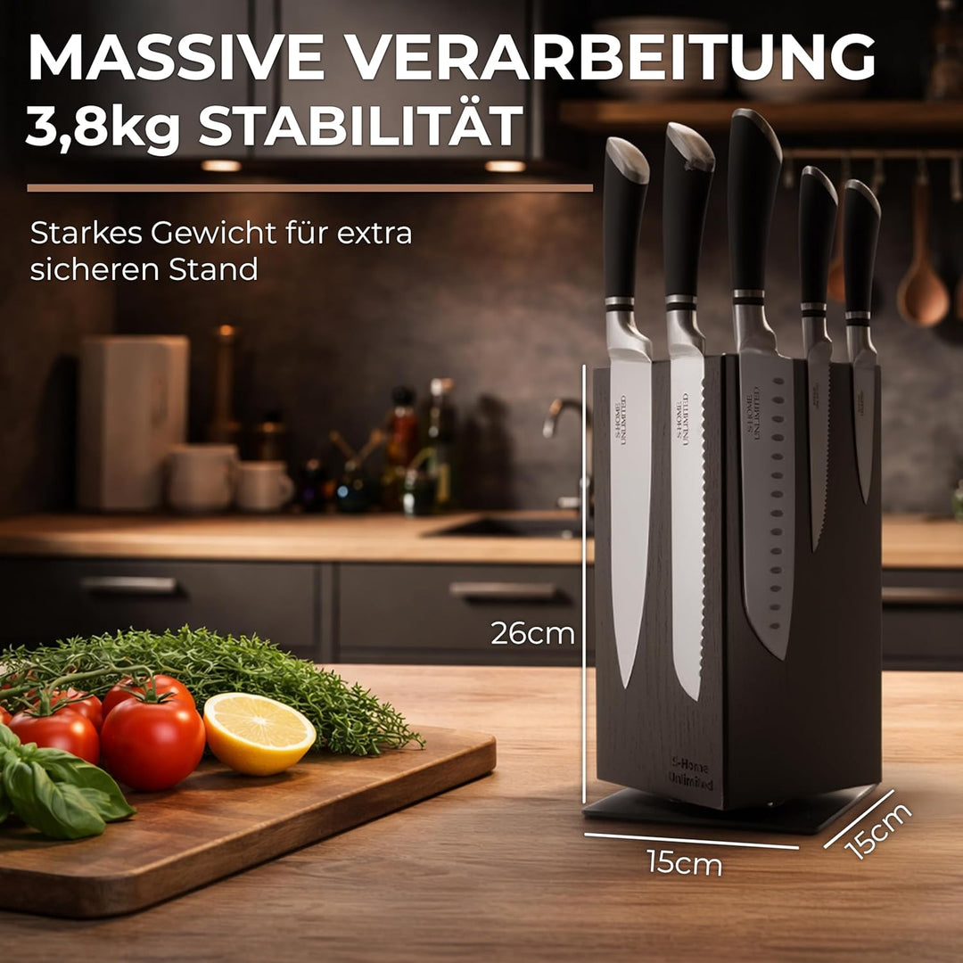 Magnetischer Messerblock ohne Messer | 360° drehbar | Massiver Holzblock in Schwarz mit sichtbarer M