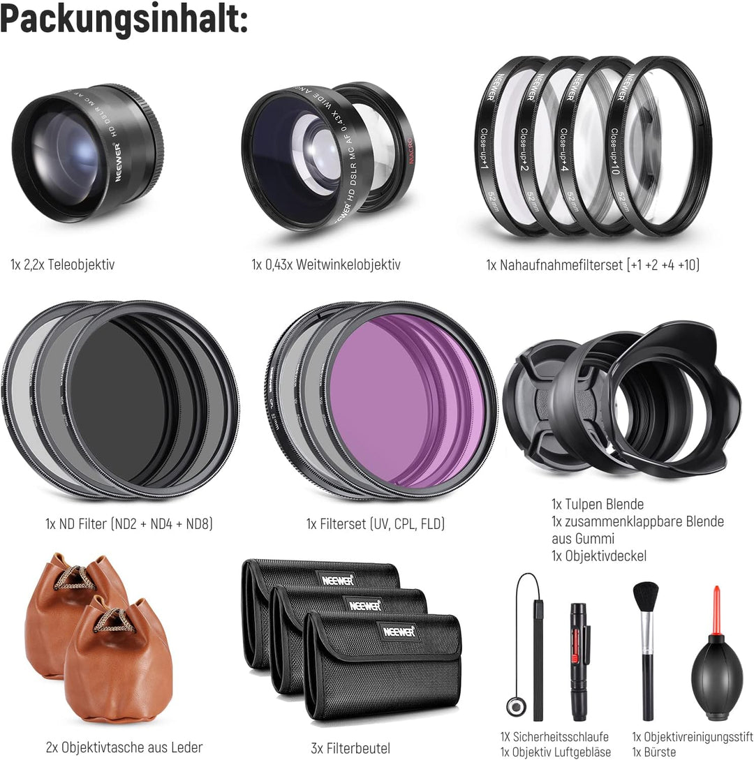 NEEWER 52mm Objektiv und ND Filter Set Weitwinkel/2,2 Fach Teleobjektiv für 18mm 85mm APS C Objektiv