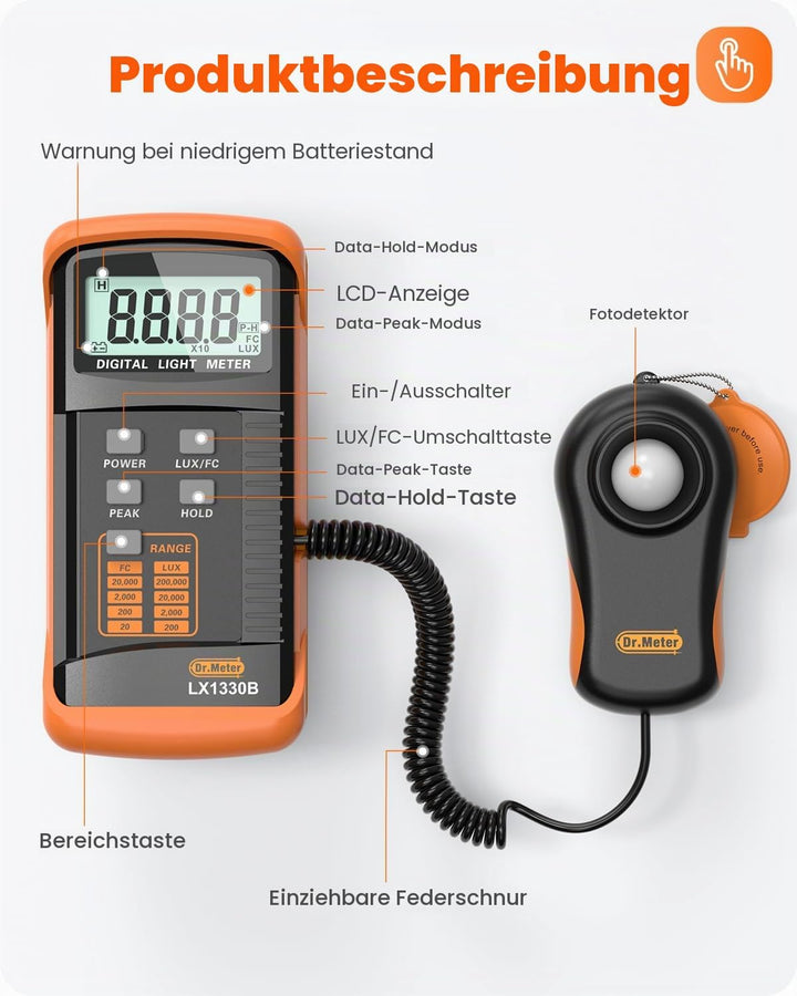 Dr.meter LX1330B Digital Luxmeter, 0-200.000 Messbereich Luxmeter mit 360° Drehbarem Sensor Beleucht
