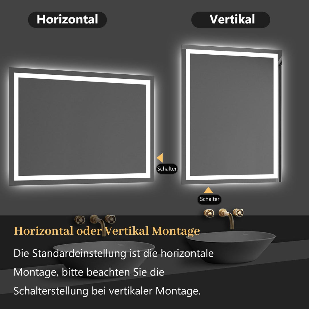 Aica Sanitär Badspiegel 70×50cm Druckknopf/Wandschalter 3 Lichtfarbe dimmbar Memory Beschlagfrei Bad