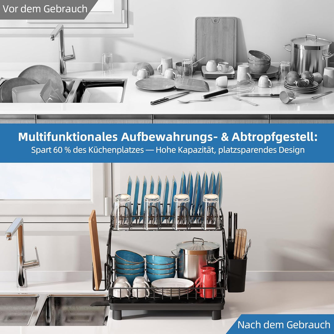 MAJALiS Abtropfgestell Geschirr, 2-Stufiges Geschirrabtropfgestell mit Abtropfschale und Abtropfmatt
