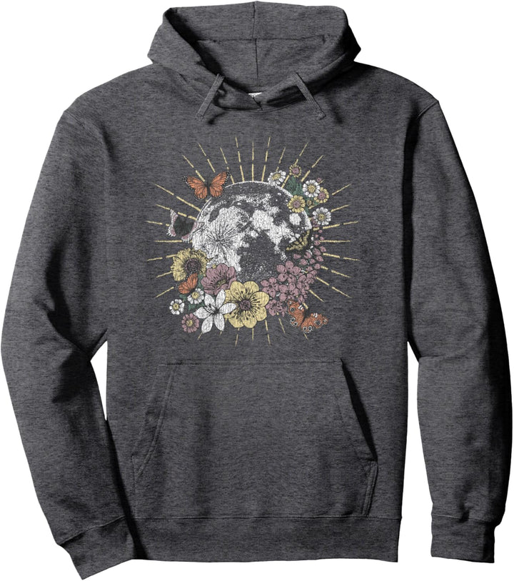 Floral Butterfly Circling Moon Pullover Hoodie