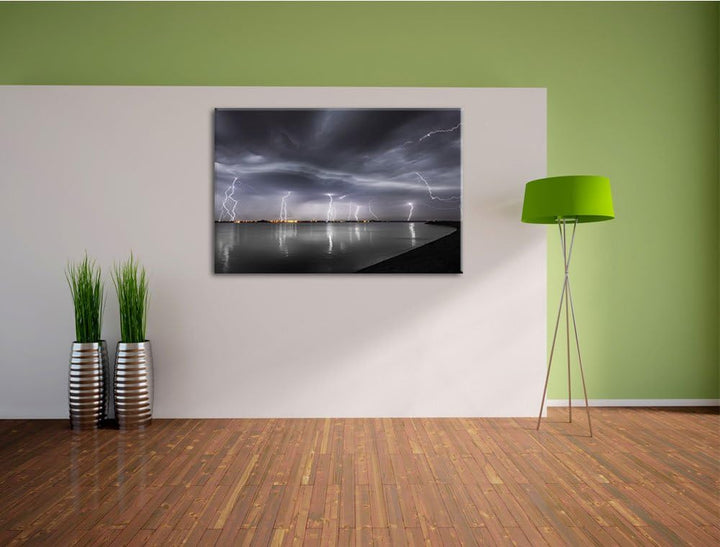 viele Blitzeinschläge über Stadt schwarz/weiss Format: 100x70 auf Leinwand, XXL riesige Bilder ferti
