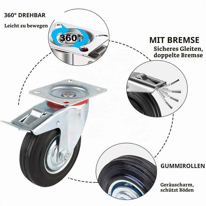 Schwerlastrollen 125mm mit Bremse, 4 Stück Transportrollen Lenkrollen bis 400kg, Gummi Möbelrollen 3