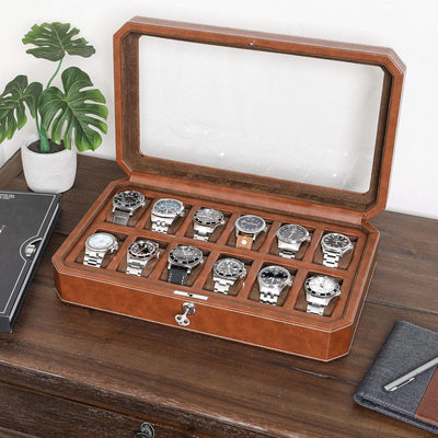 ROTHWELL 12 Slot Leder Uhrenbox - Luxus Uhrengehäuse Display Organizer, Herren Aufbewahrungsboxen Ha
