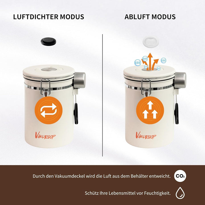 Kaffeedose Luftdicht aus Edelstahl 1800 ml Kaffeebohnen Behälter mit Messlöffel mit Datums Kaffedose