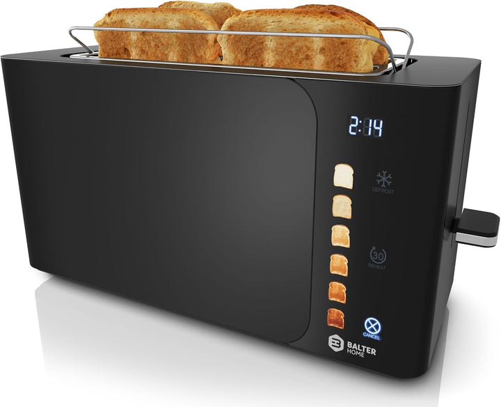 Balter Toaster 4 Scheiben Touch Bedienung, Langschlitz, Edelstahl, Brötchenaufsatz, LCD Display Rest