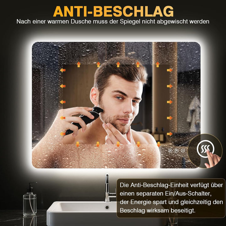 Badspiegel mit Beleuchtung 80x60cm, LED Spiegel Bad mit Antibeschlag, 3 Lichtfarben, Dimmbar, Rechte