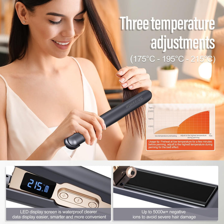Glätteisen Kabellos und Lockenstab 2 in 1, 175°C-215°C Cordless Hair Straightener mit LED-Anzeige, H