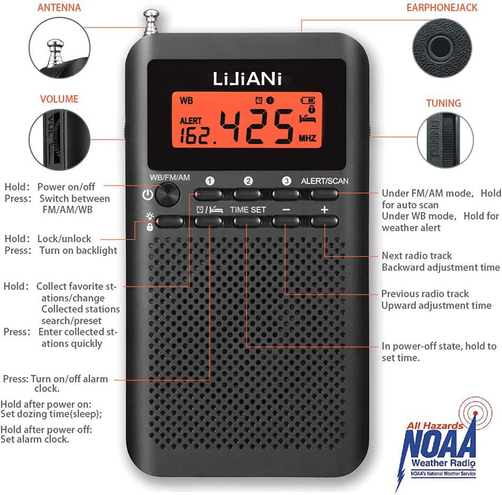 NOAA Weather AM FM Radio, tragbar, batteriebetrieben durch 2 AA-Batterien mit Stereo-Kopfhörer, LCD-