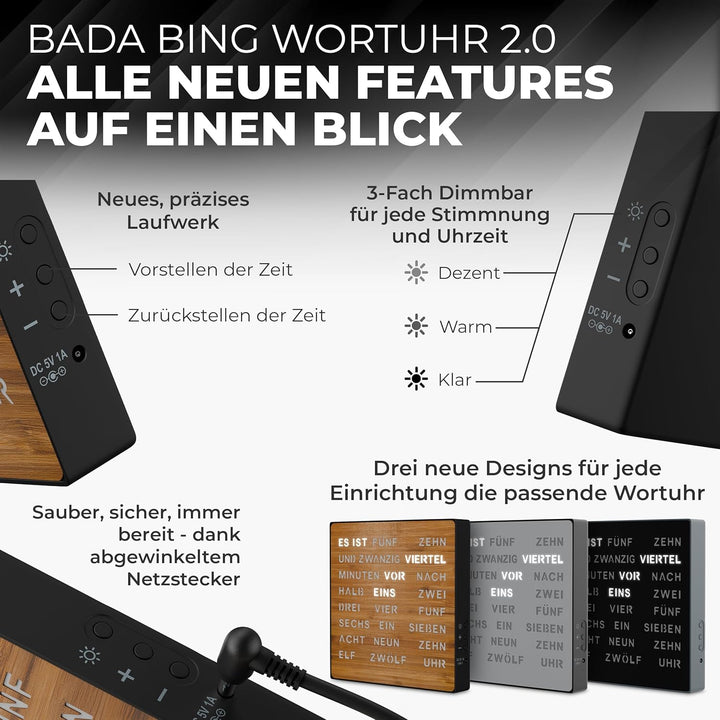 Bada Bing Edle LED Wortuhr Uhr Deutsche Wort Anzeige mit USB Kabel Metall Optik Silber Design Wanduh