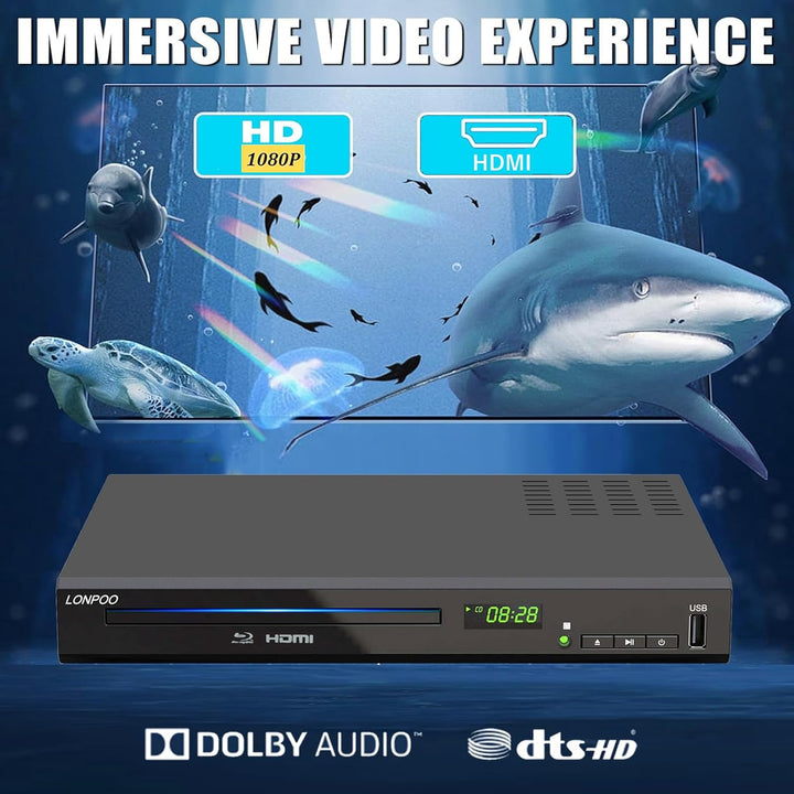 1080P HD Bluray Player für TV, Kompakter Blu-ray Player/DVD-Player mit HDMI/Koaxial/AV-Porta, Unters