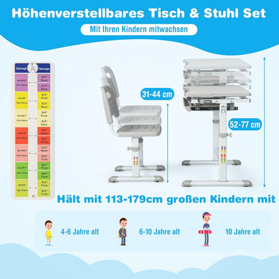 COSTWAY Schreibtisch Kinder, Kinderschreibtisch höhenverstellbar mit neigbarer Tischplatte & Schubla