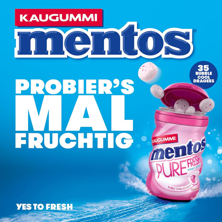 Mentos Kaugummi Pure Fresh Bubble Cool, 6 Boxen zuckerfreie Chewing Gum Dragees mit Frucht-Geschmack