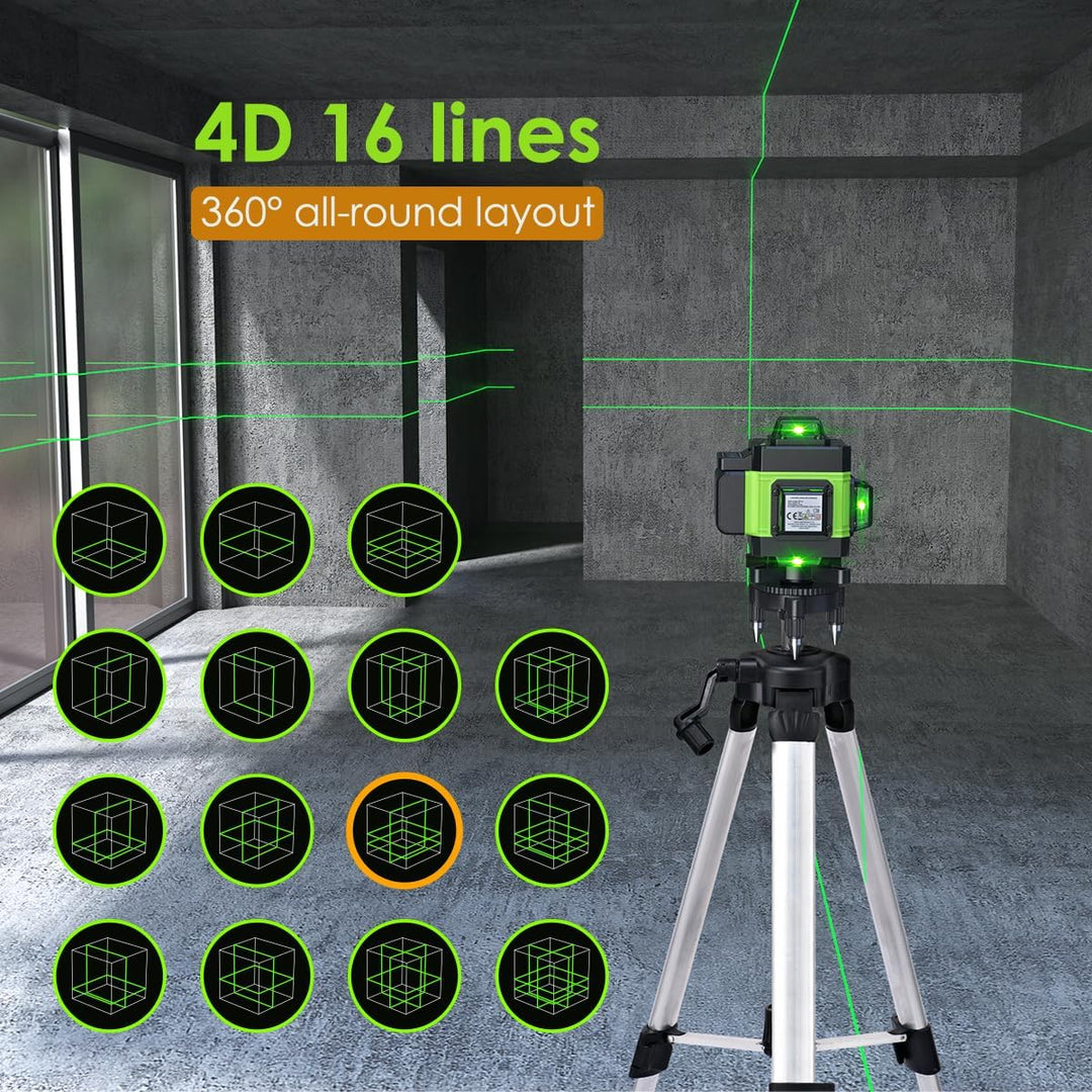 Kreuzlinienlaser mit Stativ, Multifunktionaler 4D-Laser mit 16 Linien,selbstnivellierende Maschine,