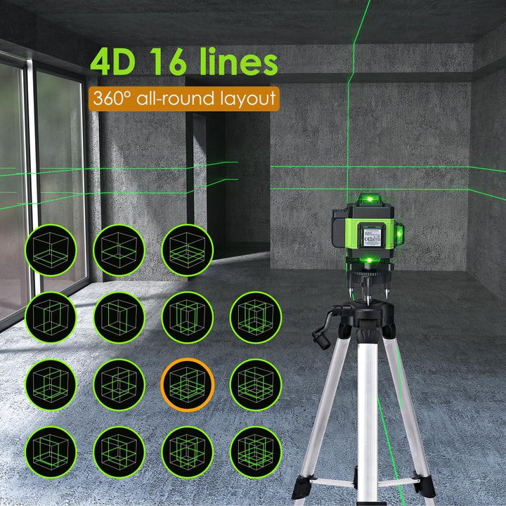 Kreuzlinienlaser mit Stativ, Multifunktionaler 4D-Laser mit 16 Linien,selbstnivellierende Maschine,