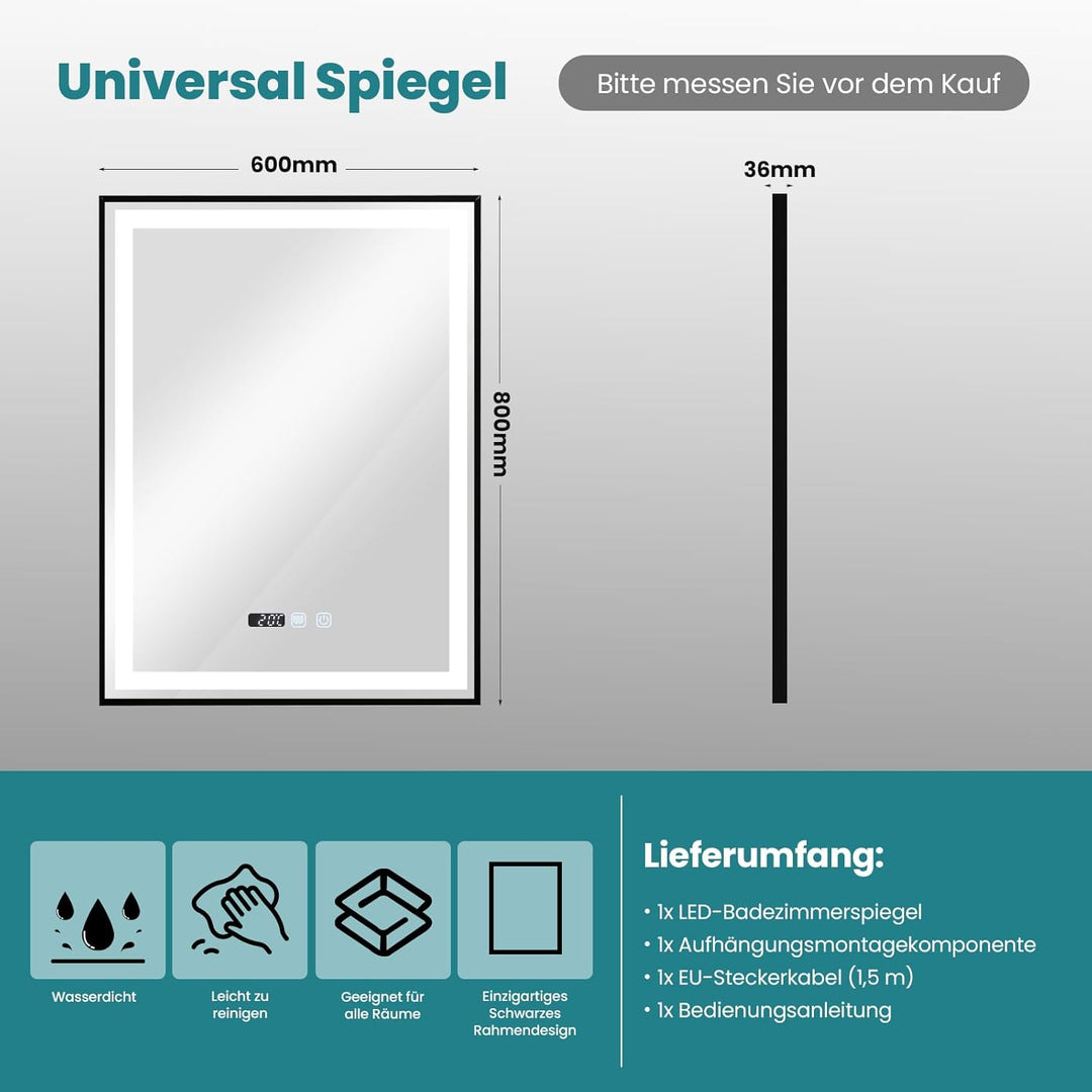 YU YUSING Badspiegel mit Beleuchtung 60x80cm Badezimmerspiegel mit Beschlagfrei 3 Lichtfarbe Dimmbar