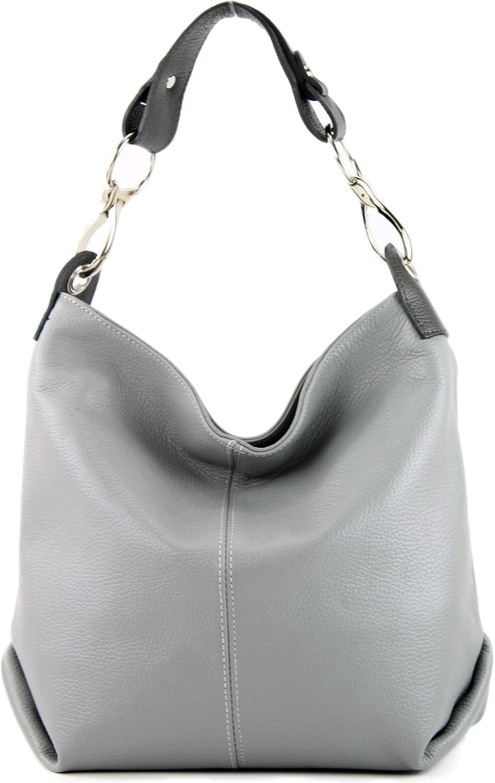 modamoda de - T168 - ital Schultertasche Umhängetasche aus Leder Grau/Dunkelgrau, Grau/Dunkelgrau