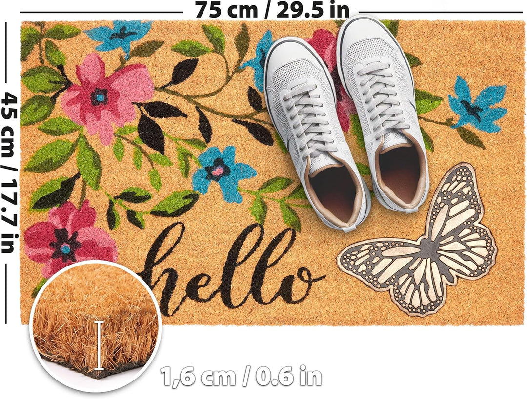 BRUBAKER Fussmatte für Aussen und Innen - 3D Schmetterling mit Blumen und Hello - 45 x 75 cm Schmutz