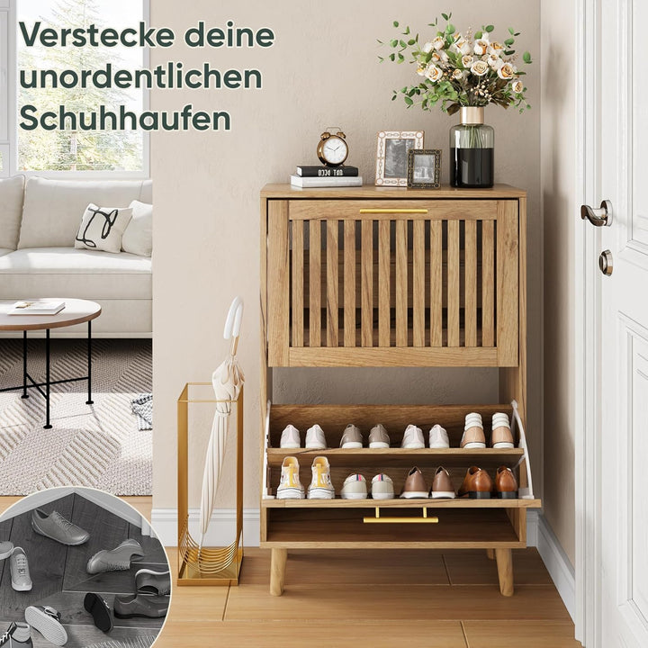 Schuhschrank mit 2 klappbaren Lattenschubladen, schmaler Schuhschrank aus Holz mit goldfarbenem Grif