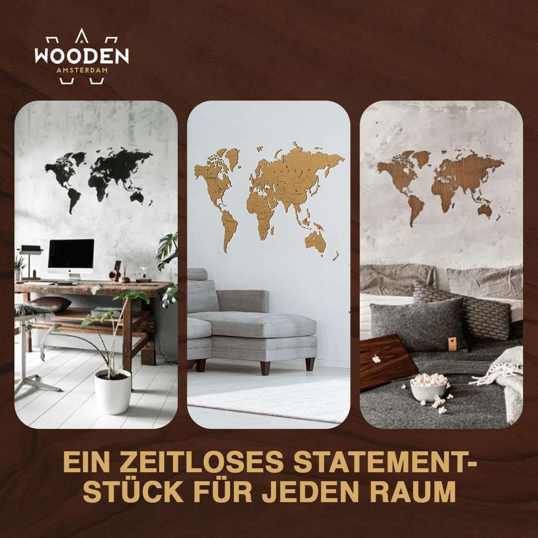 Weltkarte Holz DIY Schwarz | 90 x 54 cm Wanddeko aus FSC-zertifiziertem HDF | 48 Pins &amp; 25 Inseln zu